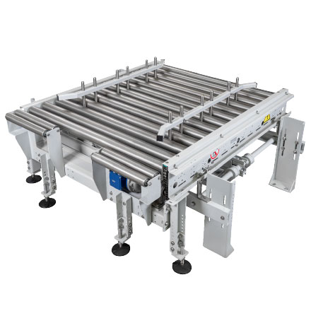 Full pallet centering device with motorized roller conveyor Full pallet centering device with motorized roller conveyor